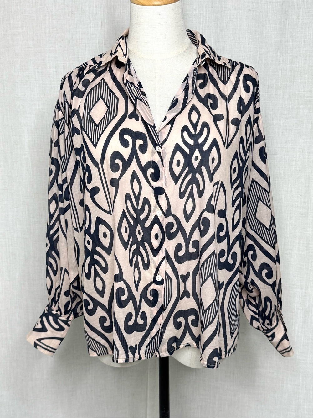 NIU Italy Sheer Cotton Ikat Print Button Up Blouse Black Cream Size Small